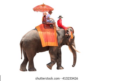 Tourists on an ride elephant tour of the ancient city isolated on white background with clipping path