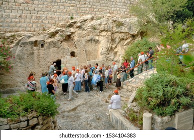 Tourists at Possible place where was the tomb of Joseph of Arimathea where Jesus was burried. Jerusalem, Israel, September, 2008.