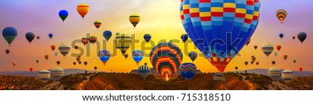 Tourists ride hot air ballons during a mass ascension at the International Balloon Festival panorama