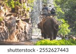 Tourists riding elephant while travelling to enjoy the beautiful natural scenery on nature trail in the forest parkland at Thailand. Ecotourism activity background, rear view