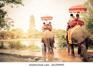 Tourists Riding Elephants In Ayutthaya,Thailand