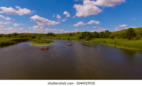 tourists row on rafts, catamarans. rafting on the river. aerial photography