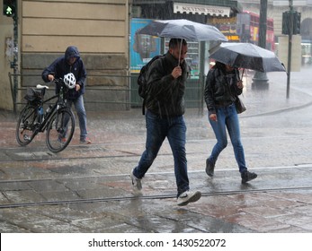 Tourists Run Under Summer Storm Shower Blurred Motion Effect Turin Italy June 21 2019