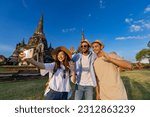 Tourists take selfie photo at Wat Phra Si Sanphet temple, Ayutthaya Thailand, for travel, vacation, holiday, honeymoon and tourism