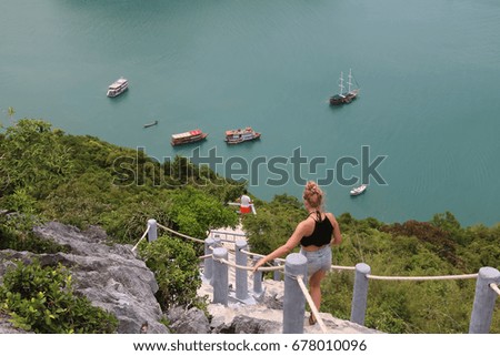Tourists walking on nature trail on the mountain of Ang Thong archipelago island,Thailand.
