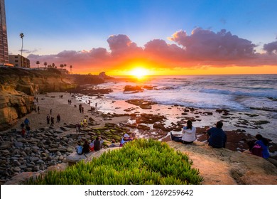 Tourists watching the beautifal sunset at La Jolla, San Diego, CA