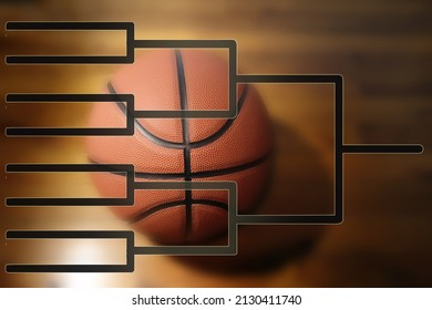 Tournament bracket and a basketball on the court