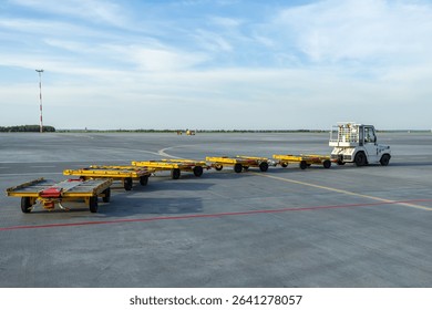 Tow tractor pulling empty luggage carts at airport