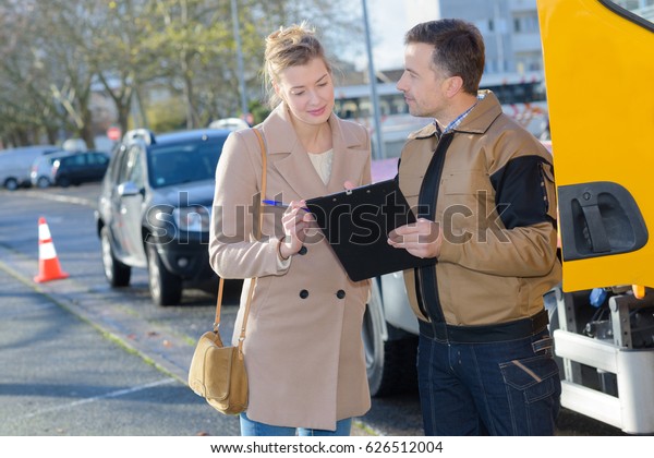 Tow Truck Driver Talking Female Client Stock Photo Edit Now