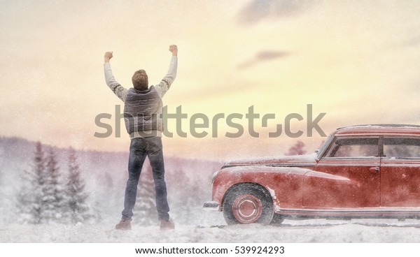 Toward adventure! Man is relaxing and enjoying\
road trip. Successful man looking up to sunset sky enjoying\
freedom. Positive human emotion feeling life perception success,\
peace of mind concept.