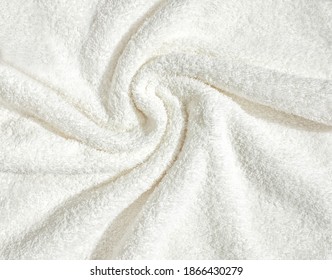 Towel Texture Close Up. Terry Cloth Bath Or Beach Towel. Soft Fluffy Textile. Top View. White Towel Macro Material.