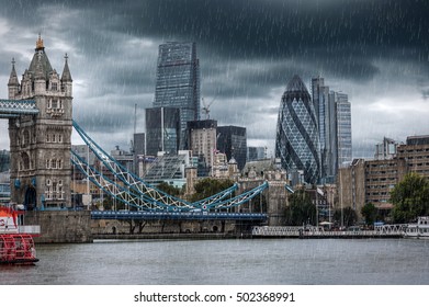 Tower Bridge And The City Of London During A Rainy Day, United Kingdom