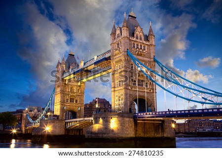 Tower Bridge at dusk in London, United Kingdom