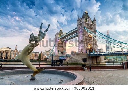 The Tower Bridge at dusk as seen from St. Katharine Docks - London