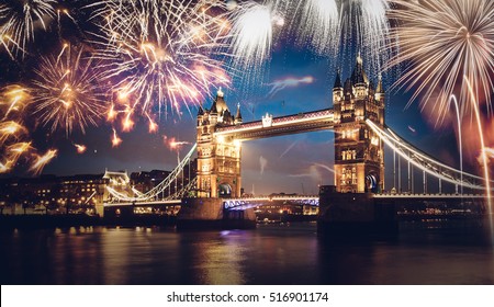 Tower bridge with firework, celebration of the New Year in London, UK