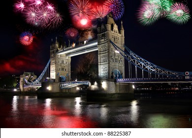 Tower bridge with firework, celebration of the New Year in London, UK - Powered by Shutterstock