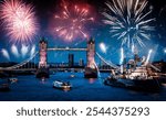 tower bridge with fireworks, celebration of the New Year in London, UK