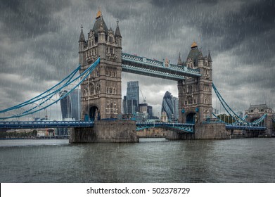 Tower Bridge In London On A Grey, Rainy Day, United Kingdom