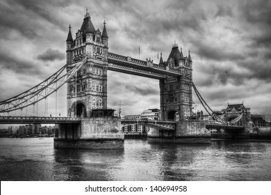 Tower Bridge in London, the UK. Black and white, artistic vintage, retro style
