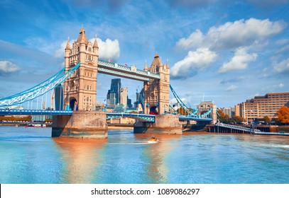 Tower Bridge On A Bright Sunny Day In Autumn. Location - London, England, UK. 