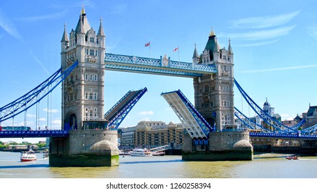 Tower Bridge On River Thames During Summer. London, England.