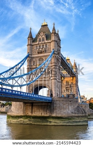 Tower Bridge over the river Thames. This Victorian suspension bridge is a listed and iconic London landmark. The bridge links Southwark to the Tower of London. 