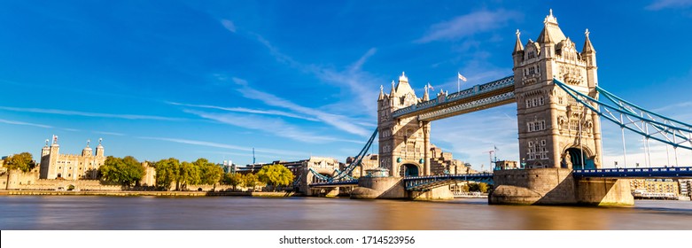 Tower Bridge In Panoramic View. London, United Kingdom.