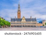 Tower and Central Library of the KU Leuven Katholieke Universiteit Leuven Catholic research university building in Leuven city historical center, Flemish Region, Flemish Brabant province, Belgium
