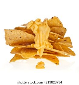 Tower Of Chip Nacho Snack With Cheese Sauce Isolated On White Background