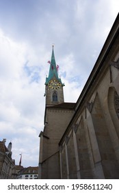 Tower Of Church Fraumünster (Women's Minster) At The Old Town Of Zurich. Photo Taken April 19th, 2021, Zurich, Switzerland.