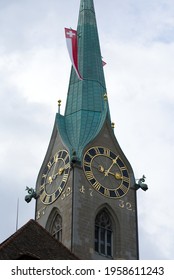 Tower Of Church Fraumünster (Women's Minster) At The Old Town Of Zurich. Photo Taken April 19th, 2021, Zurich, Switzerland.