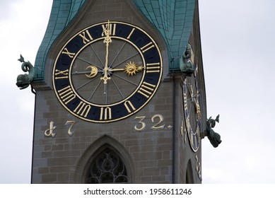 Tower Of Church Fraumünster (Women's Minster) At The Old Town Of Zurich. Photo Taken April 19th, 2021, Zurich, Switzerland.