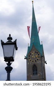 Tower Of Church Fraumünster (Women's Minster) At The Old Town Of Zurich. Photo Taken April 19th, 2021, Zurich, Switzerland.