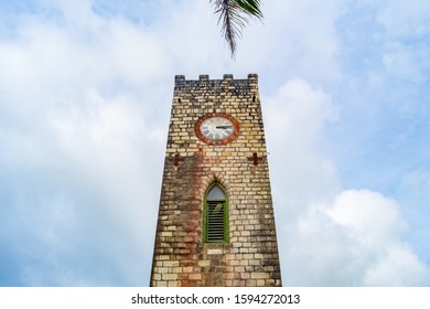 Tower Clock Steeple On The Saint Mary Parish Church In Port Maria, Jamaica, An Anglican House Of Worship. This Brick And Mortar Building Structure Was Built In The 19th Century.