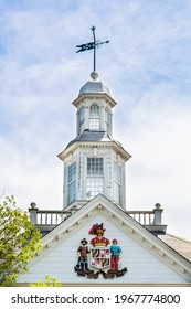 Tower, Dome And Cupola Sections Of The Historic Goldstein Building That Houses Comptroller Of Maryland And State Treasury. The Old Building In Annapolis Has The Logo Of Maryland General Assembly.