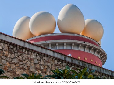 Tower Of The Famous Salvador Dalí Theatre And Museum In Figueres, Catalonia, Spain, Europe. The Façade Is Topped By A Series Of Giant Eggs.