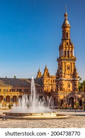 Tower Fountain Plaza De Espana Spain Square Seville Andalusia Spain.  Built In 1928 For Ibero American Exposition In Maria Luisa Park