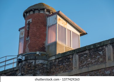 Tower Guard Of Melun Prison. Exterior Wall With Security Cameras.