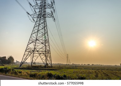 Tower Height Voltage Power Electric Transmission Feeding Energy For  City.