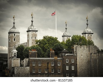 Tower Of London, UK, Famous Medieval Castle And Prison. Desaturated Vintage Looking Image