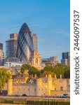 Tower of London, UNESCO World Heritage Site, and the Gherkin (30 St. Mary Axe), City of London, London, England, United Kingdom, Europe
