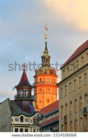 Tower of the Nikolaikirche in Leipzig shines in the evening sun