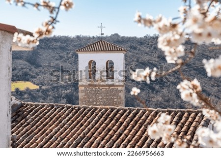 Tower of the old church made of stone that appears among the almond blossoms, Olmeda de las Fuentes, Madrid.