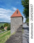 A tower on the old town walls of Romont in Switzerland.