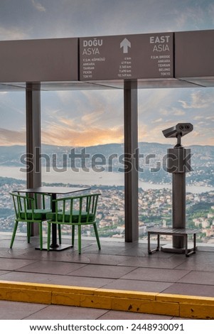 Tower Optical coin-operated binocular on the observation deck of Istanbul Sapphire,Turkey, against cityscape before sunset with sign including distances to some Asian capital cities to the east