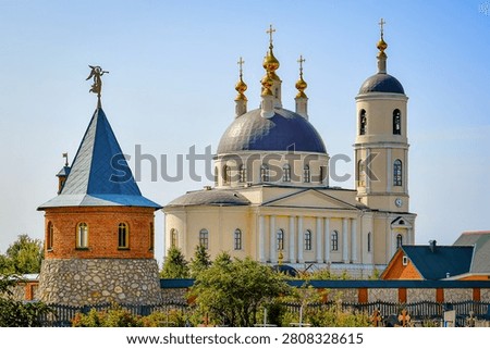 Tower and Orthodox Cathedral in the Intercession Monastery of Mikhaylov city, Ryazan region of Russia