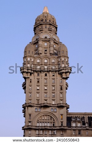 Tower of the Palacio de Salvo, the historic building on Plaza Independencia in Montevideo, Uruguay. Dusk in UY.