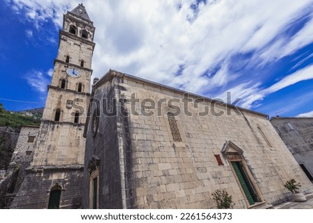 Tower of St Nicholas Church in Perast village, Kotor Bay, Montenegro