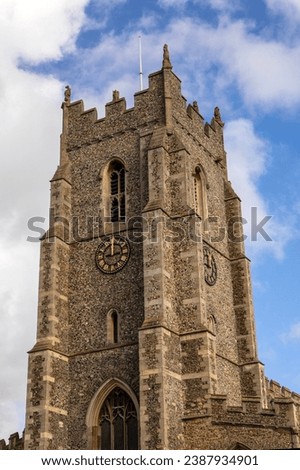The tower of St. Peters Church in Sudbury, Suffolk, UK. It is a former Anglican Church which now serves as Sudbury Arts Centre.