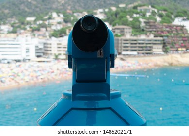 Tower viewer facing the camera. Shot in the summer in Spanish town of Tossa De Mar